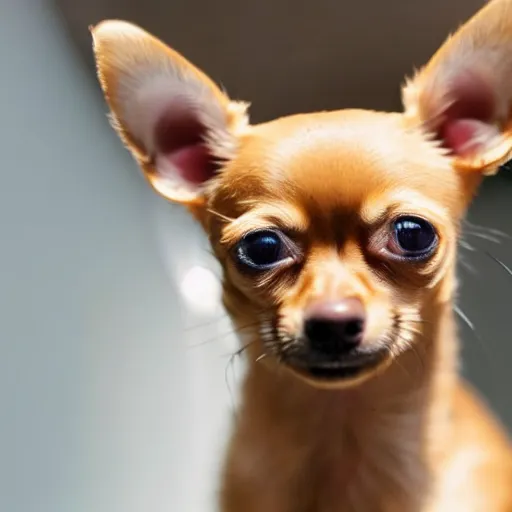 Image similar to a honey colored chihuahua puppy looking at his reflection in the mirror from the front