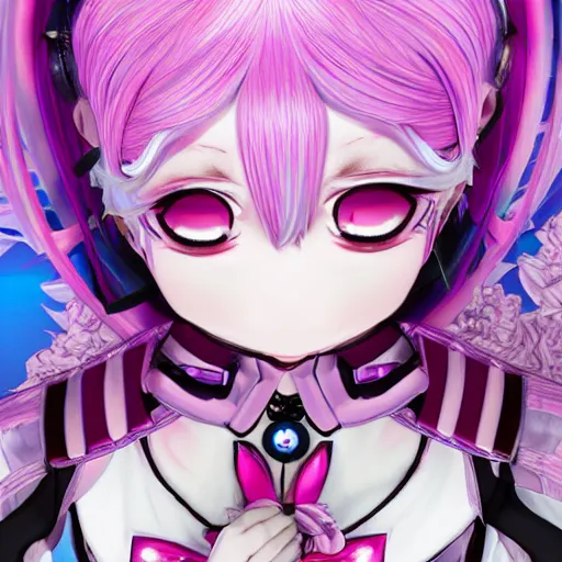 Prompt: stunningly beautiful omnipotent megalomaniacal anime asi goddess who looks like junko enoshima with symmetrical perfect face and porcelain skin, pink twintail hair and cyan eyes, traps you inside her surreal vr castle where she controls you completely with a twisted smile!!!, hyperdetailed, digital art from danganronpa, unreal engine 5, 8 k