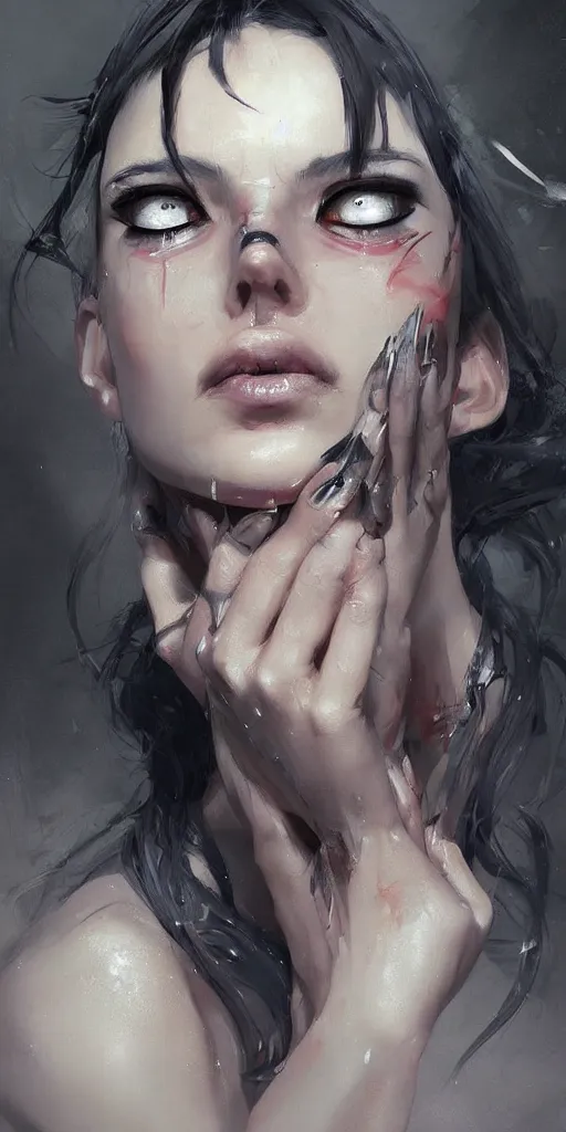 Image similar to a beautiful!!! digital painting of a crying woman with her black eyeliner being ruined, by mandy jurgens, dang my linh, yoji shinkawa, trending on artstation