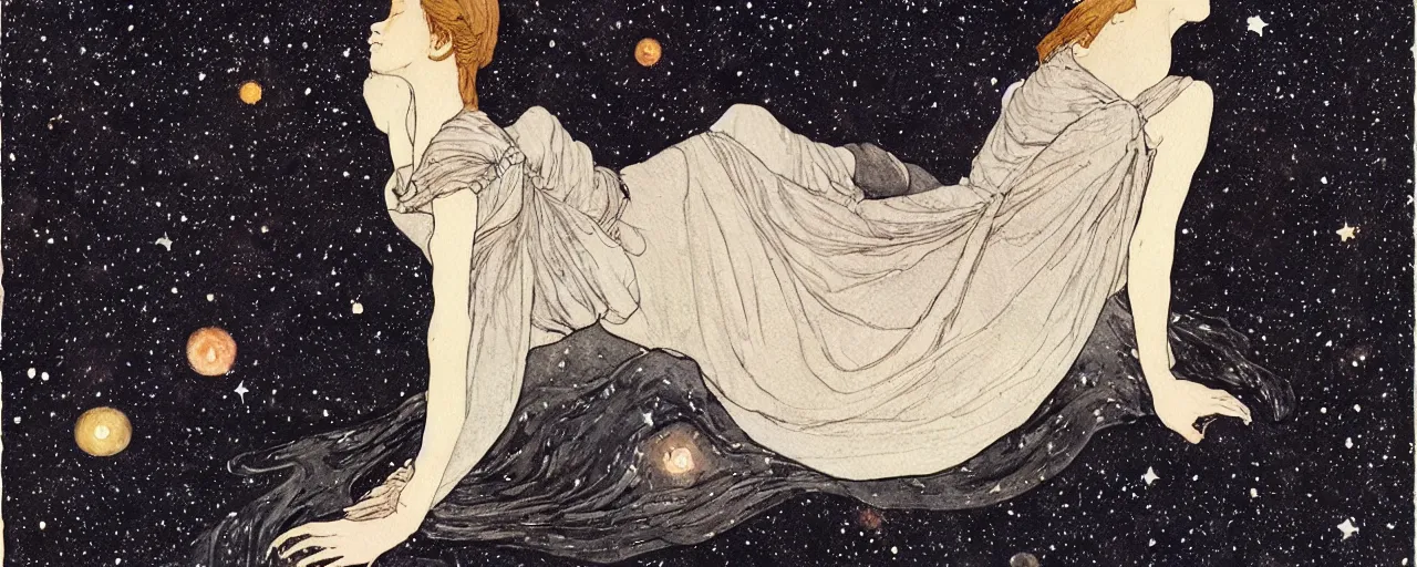 Prompt: watercolour painting of a sleeping woman on a dark beautlful starry night, constellations by charles vess and mucha on black matte very textured worn paper