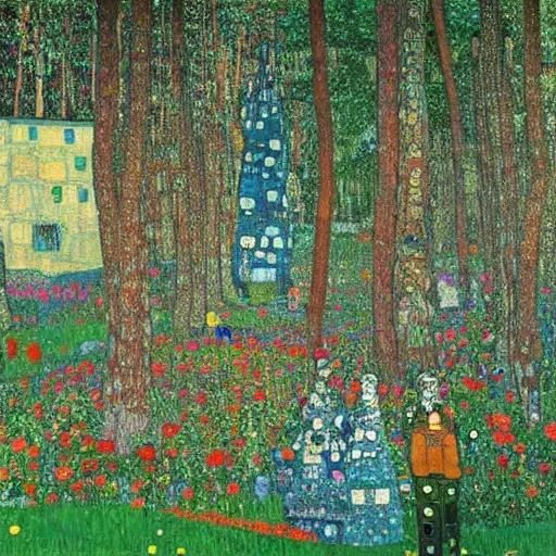 Image similar to an ancient village in a magical forest, painting by Gustav Klimt and Andy Warhol