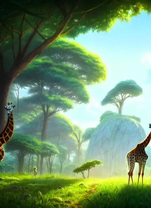 Image similar to a wholesome animation key shot of a giraffe, jungle in the background, studio ghibli, pixar and disney animation, sharp, rendered in unreal engine 5, anime key art by greg rutkowski, bloom, dramatic lighting