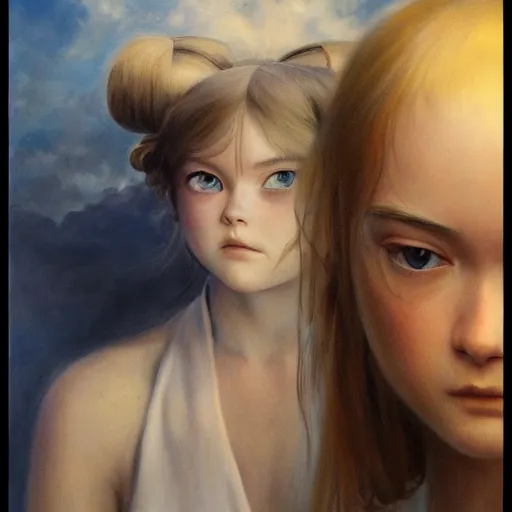 Prompt: ultra realistic portrait painting of elle fanning in spirited away, art by frank frazetta, 4 k, ultra realistic, highly detailed, epic lighting