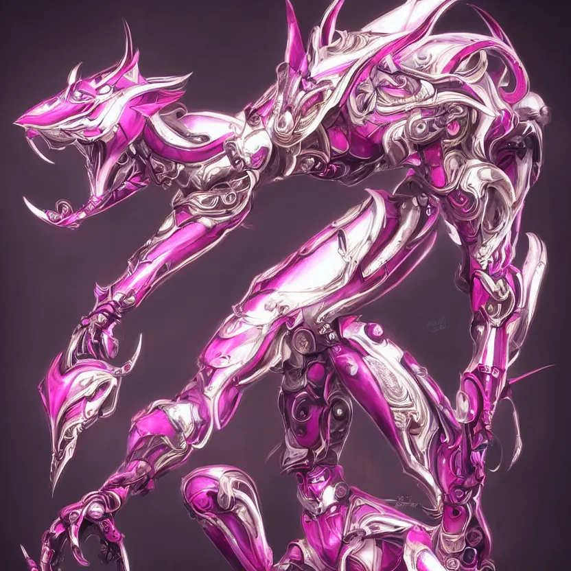 Image similar to highly detailed exquisite fanart, of a beautiful female warframe, but as an anthropomorphic elegant robot female dragon, shiny and smooth off-white plated armor engraved, robot dragon head with glowing eyes, Fuchsia skin beneath the armor, sharp claws, long sleek tail behind, robot dragon hands and feet, standing elegant pose, close-up shot, full body shot, epic cinematic shot, professional digital art, high end digital art, singular, realistic, DeviantArt, artstation, Furaffinity, 8k HD render, epic lighting, depth of field