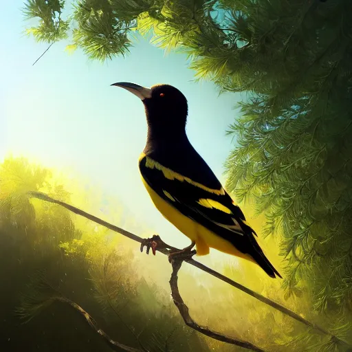 Prompt: spanish golden oriole in avila, hay, pines, oaks, summer, 4 k, concept art, by wlop, ilya kuvshinov, artgerm, krenz cushart, greg rutkowski, pixiv. cinematic dramatic atmosphere, sharp focus, volumetric lighting, cinematic lighting, studio quality