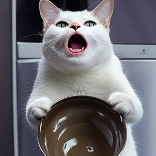 Image similar to a cat yelling angrily because it's bowl is empty