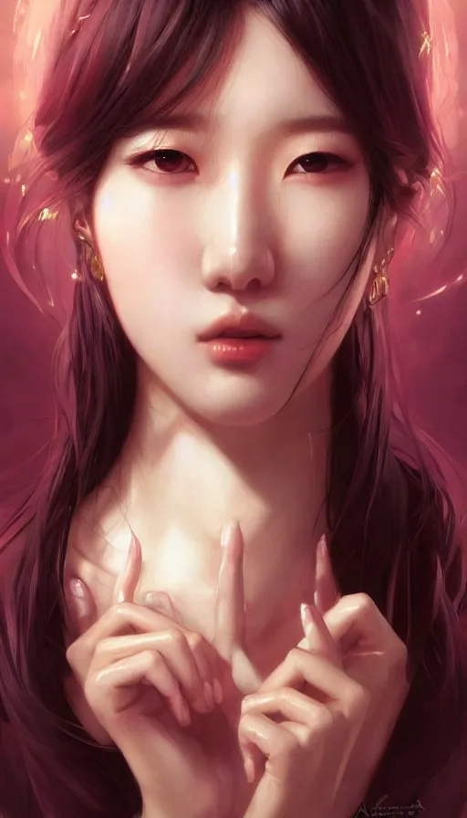 Image similar to portrait of kpop idol, dreamy and ethereal, expressive pose, fierce expression, intricate, rose tones, highly detailed, digital painting, artstation, concept art, smooth, sharp focus, illustration, art by artgerm and greg rutkowski and alphonse mucha