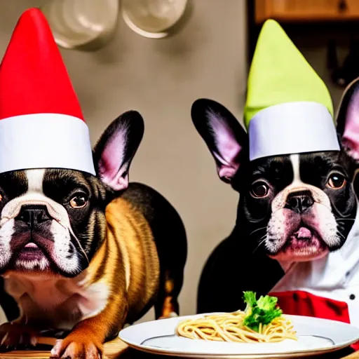 Image similar to a 8k highly detailed still photo by David Bailey of Two multi-colored French Bulldogs in chef hats and aprons starring on a cooking show, a plate of spaghetti is prepared, a high end restaurant kitchen in the background, bokeh