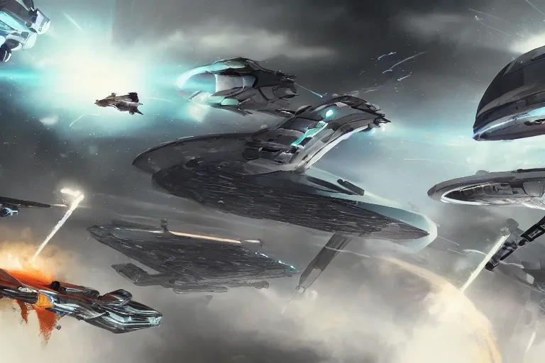 Image similar to spaceship battle, concept art, cinematic