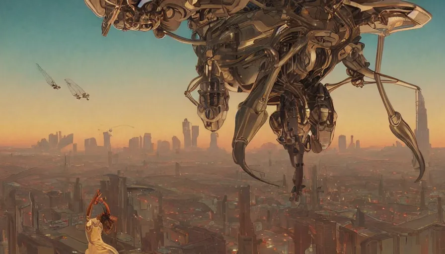 Prompt: a giant retrofuturistic hybrid mantis harvesting bulbs of energy, robot metallic armor, clean design, science fiction, art by artgerm and greg rutkowski, alphonse mucha, in watercolor gouache style of syd mead, trending on artstation, 8 k, wes anderson, insanely detailed scene from independence day