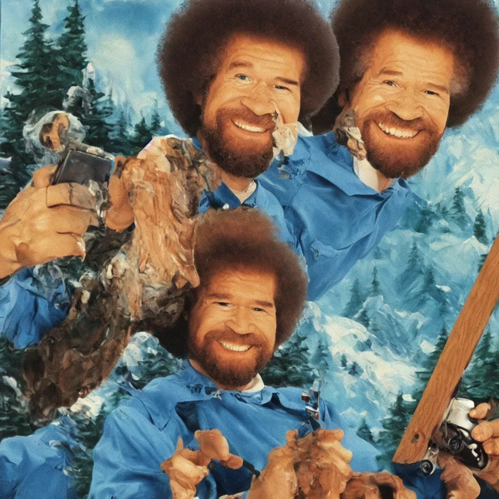 Prompt: bob ross painting of last selfie on earth