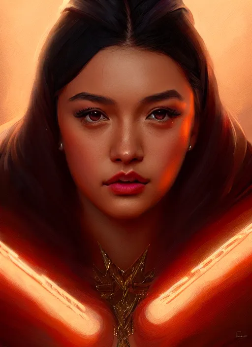 Image similar to portrait of darna liza soberano!, intricate, elegant, glowing lights, highly detailed, digital painting, artstation, glamor pose, concept art, smooth, sharp focus, illustration, art by wlop, mars ravelo and greg rutkowski