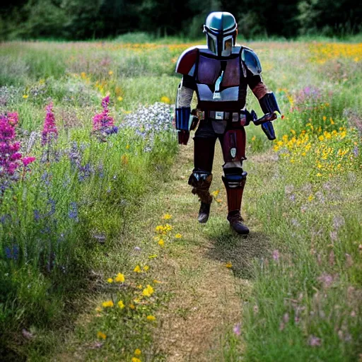 Image similar to mandalorian skipping through field of wildflowers, stunning cinematography, light diffusion