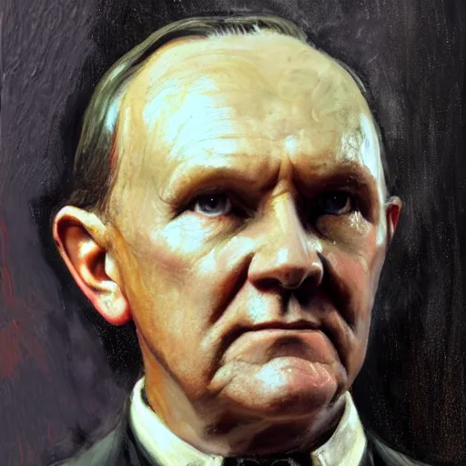 Image similar to calvin coolidge as a dnd fantasy tiefling, horned coolidge epic painting. official portrait, dnd character painting by gibbs - coolidge. oil on canvas, wet - on - wet technique, underpainting, grisaille, realistic. restored face.