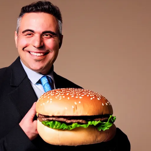 Image similar to clean - shaven smiling white chubby italian american man in his 4 0 s wearing a brown long overcoat and necktie holding a giant burger, 2 0 0 0 avertising promo shot, studio lighting