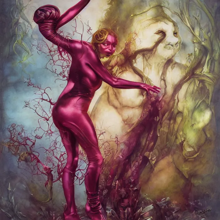 Prompt: a portrait photograph of natalie dormer as a elegant brightly colored satyr alien hybrid with wet mutated skin. wearing an infected organic catsuit. by tom bagshaw, donato giancola, hans holbein, walton ford, gaston bussiere, brian froud, peter mohrbacher and magali villeneuve. 8 k, cgsociety