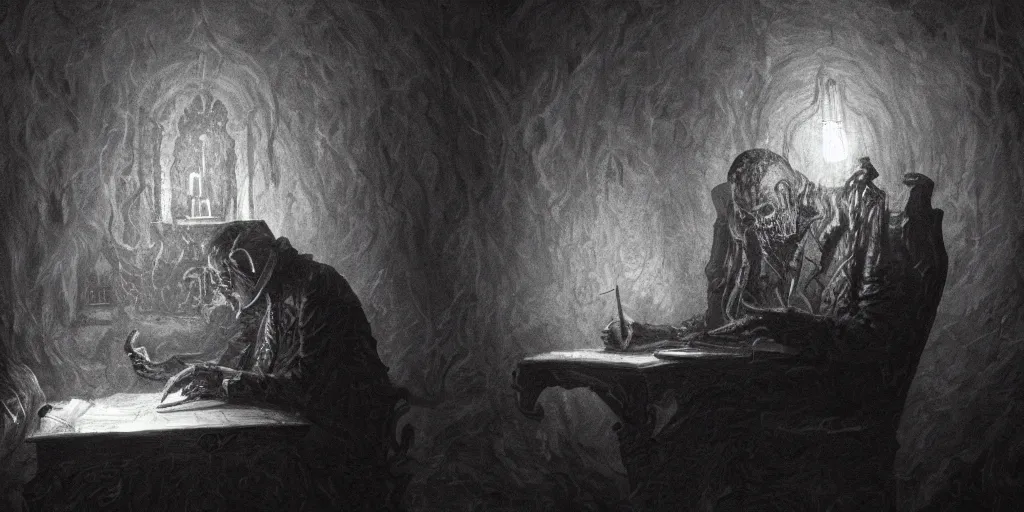 Prompt: Detailed photo of a H.P. Lovecraft writing Necronomicon in a dark room, sharp focus, atmospheric, trending on artstation, detailed, photorealistic