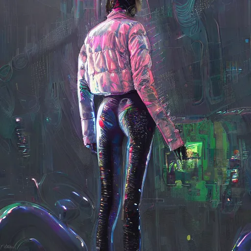 Image similar to detailed portrait of a skilled magic deepdream guardian bimbo cyberpunk futuristic, reflective puffer jacket, black leggings from the back radiating a glowing aura by ismail inceoglu dragan bibin hans thoma, perfect face, fine details, realistic shaded, fine - face, pretty face