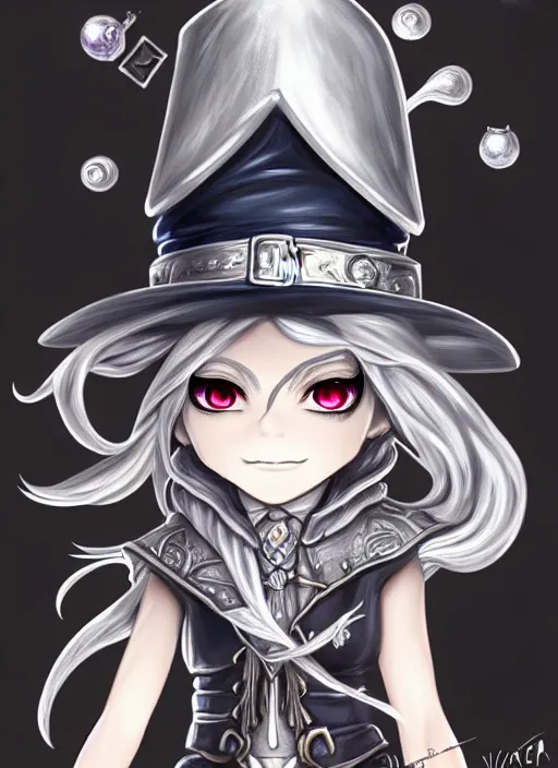 Prompt: a portrait of girl magician, silver witch hat, silver explosion, silver magic, fantasy, dungeons and dragons, an ultrafine detailed painting, chibi, detailed painting, boris valejo. octopath traveler decal!!!