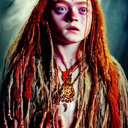 Image similar to 3 5 mm coloured film portrait of sadie sink as aghori sadhu covered in ash creature, hyperrealism, celestial red flowers vibe, photorealistic, detailed, atmospheric, 8 k, award winning photography, cinematic