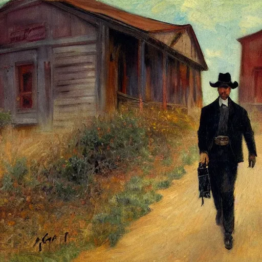 Prompt: the man in black and a revolver in hand walking around an abandoned western town, impressionist painting