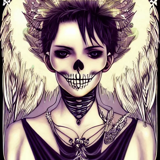 Prompt: anime manga skull portrait young woman, cherub, angel, wings, heaven, skeleton, intricate, elegant, highly detailed, digital art, ffffound, art by JC Leyendecker and sachin teng