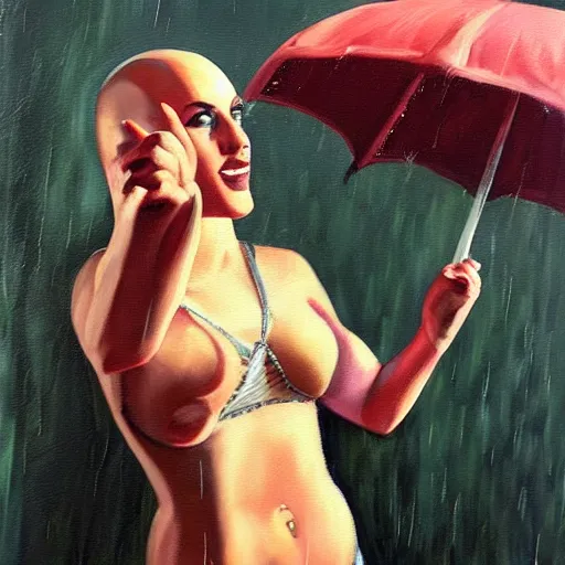 Image similar to oil painting of bald britney about to attack you with an umbrella