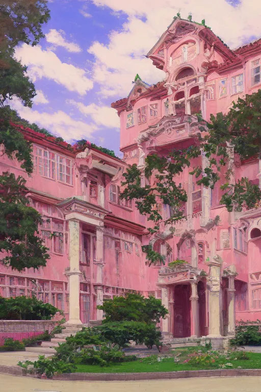 Prompt: painting of ouran highschool host club academy, front view, calm, afternoon day, roman architecture, pink marble building, dynamic lighting, landscape, bright, artwork by jeremy lipkin and giuseppe dangelico pino and michael garmash and rob rey and greg manchess and huang guangjian and makoto shinkai, pixiv, sharp edges, simple form, 1 0 0 mm