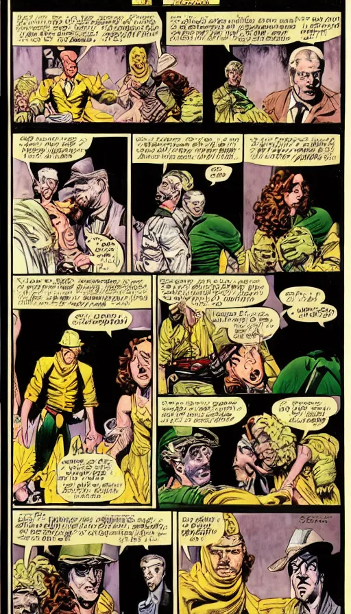 Prompt: 6 panel comic by brian bolland, john singer sargent, trad moore, darick robertson, turner