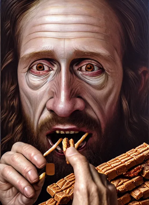 Image similar to hyper detailed 3d render like an Oil painting - Portrait of Jesus Christ eating a Snickers bar by Jacek Yerka, Mariusz Lewandowski, Houdini algorithmic generative render, Abstract brush strokes, Masterpiece, Edward Hopper and James Gilleard, Zdzislaw Beksinski, Mark Ryden, Wolfgang Lettl, hints of Yayoi Kasuma, octane render, 8k