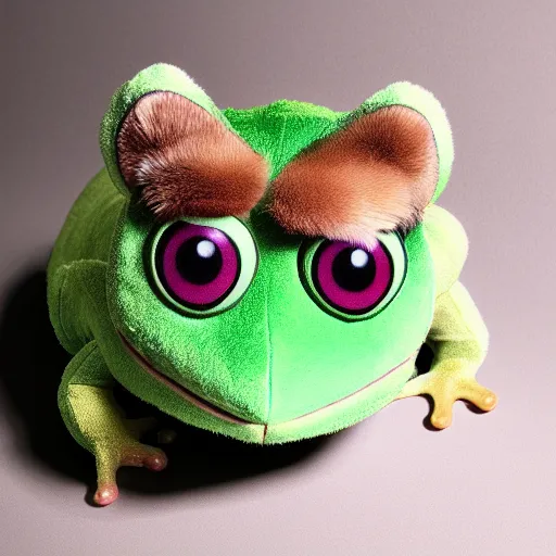 Image similar to a cute fuzzy frog plushy with large cartoon eyes, studio lighting, 4K photograph