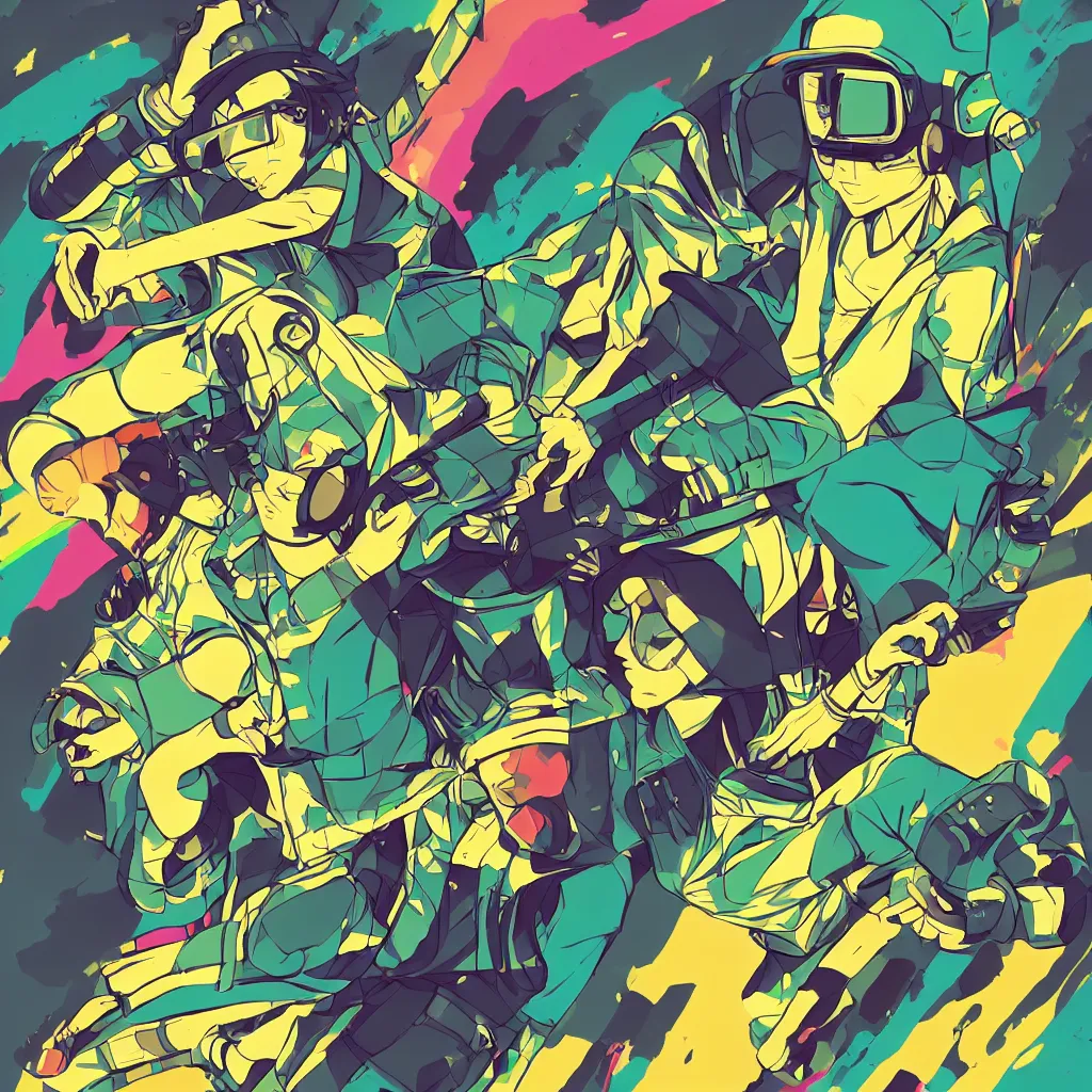 Image similar to in love ryuta ueda artwork, jet set radio artwork, stripes, gloom, space, cel - shaded art style, broken rainbow, data, minimal, speakers, code, cybernetic, dark, eerie, cyber