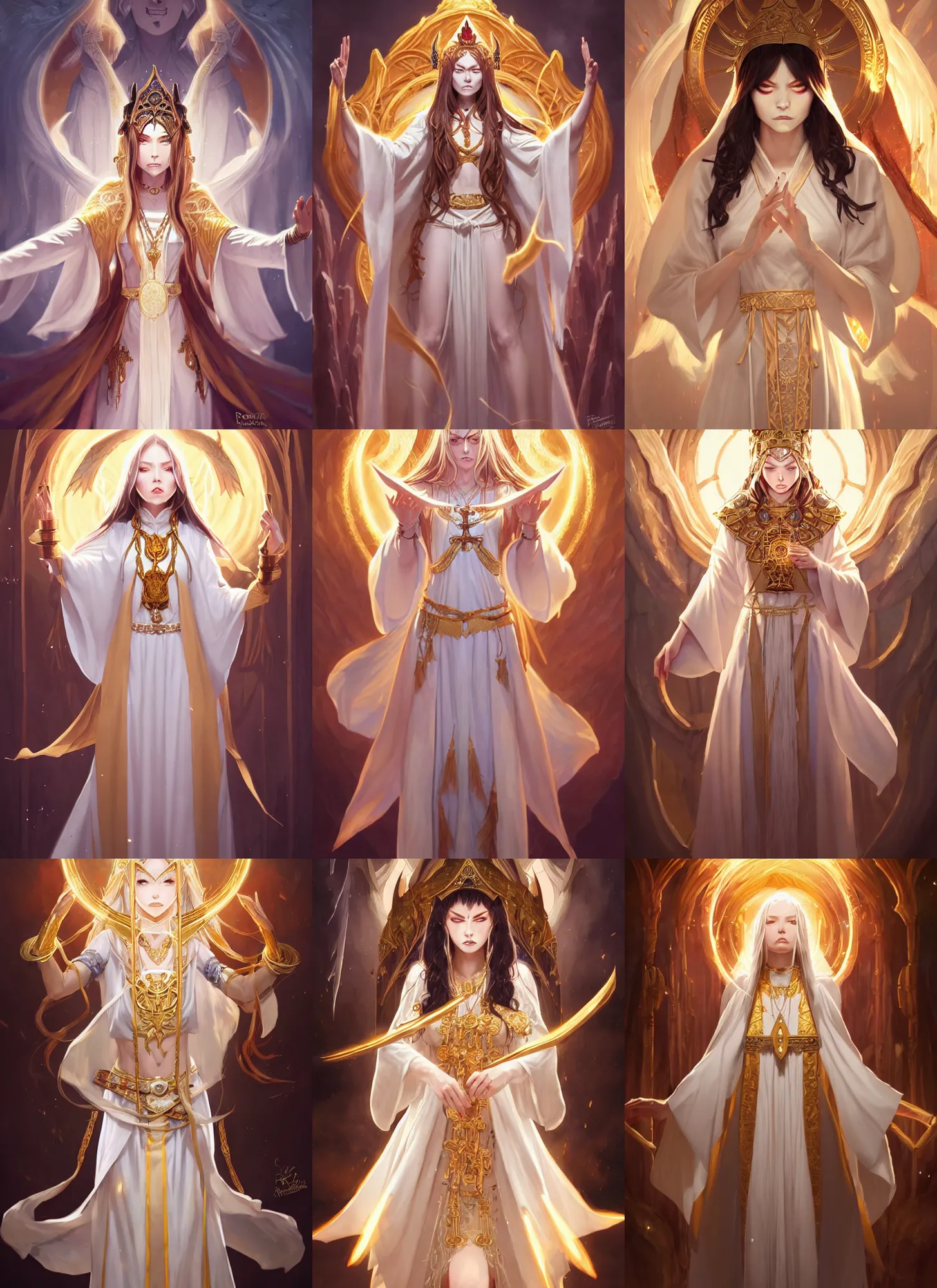 Prompt: picture of a priestess channelling a vengeful spirit onto herself, brunette, white robes, golden accessories, high fantasy, dnd, extremely detailed, smooth, sharp focus, digital illustration, by rossdraws, frank franzzeta, sakimichan