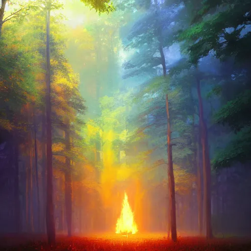 Image similar to A rainbowed fire of life heal a fantastic forest, oil panting, high resolution 4K, by Ilya Kuvshinov, Greg Rutkowski and Makoto Shinkai