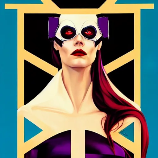 Image similar to Joshua Middleton artwork, stunning elegant female Eva Green, futuristic evil spy, domino mask, very evil sneer, symmetrical face, symmetrical eyes, leather clothing and boots, long straight golden hair, full body, Indigo occult pattern