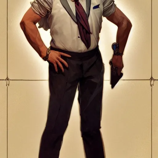 Prompt: a full body portrait of colonel sanders the greek god!!! extremely beautiful, anatomically accurate, by artgerm and by greg rutkowski and by alphonse mucha and by simon bisley, radiant light, detailed and intricate environment,