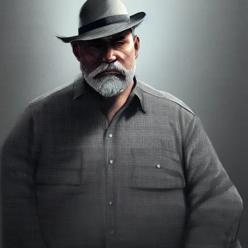 Prompt: portrait of an overweight 55 year old man with short gray hair and a round gray beard, wearing a checkered shirt and a wide brimmed hat, dramatic lighting, illustration by Greg rutkowski, yoji shinkawa, 4k, digital art, concept art, trending on artstation