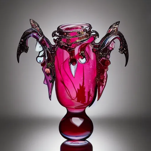 Prompt: A beautiful detailed vase designed by HR Geiger, translucent, onyx ruby and malachite, my little pony, evil