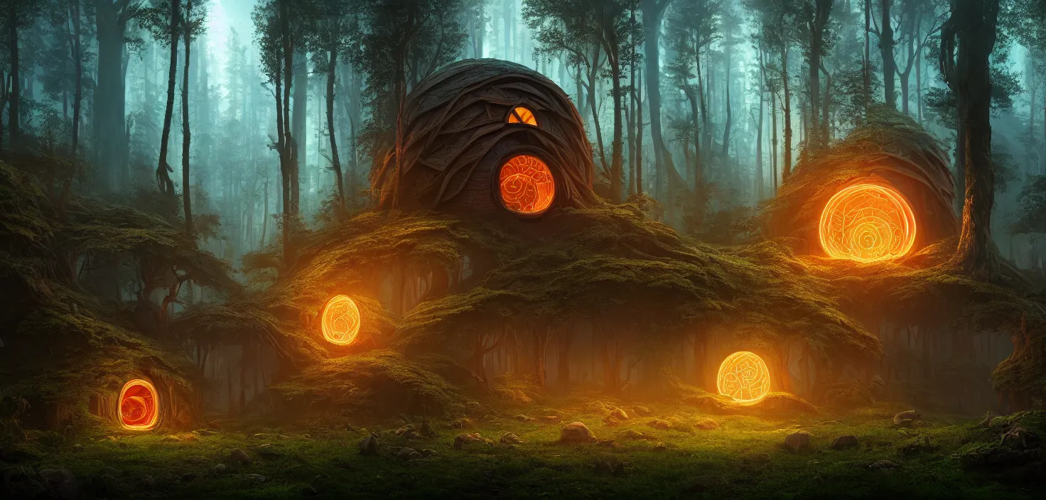 Image similar to random scary forest house landscape, big round glowing multicoloured portal house, central symmetrical composition, incredible, vector art, octane render, fabulous, hyper detailed, random cinematic view, no noise, global illumination, warm lighting, volumetric, godrays, vivid, beautiful, by jordan grimmer