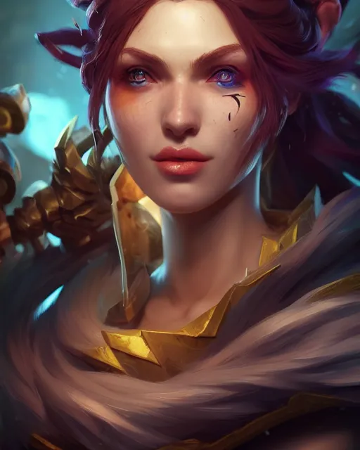 Image similar to league of legends portrait, au naturel, hyper detailed, digital art, trending in artstation, cinematic lighting, studio quality, smooth render, unreal engine 5 rendered, octane rendered, art style by klimt and nixeu and ian sprigger and wlop and krenz cushart.