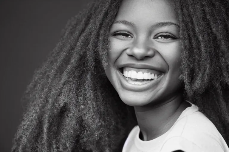 Prompt: still photo of an african american girl smiling at the camera on the street, black and white color aesthetic, highly detailed, photorealistic portrait, bright studio setting, studio lighting, crisp quality and light reflections, unreal engine 5 quality render
