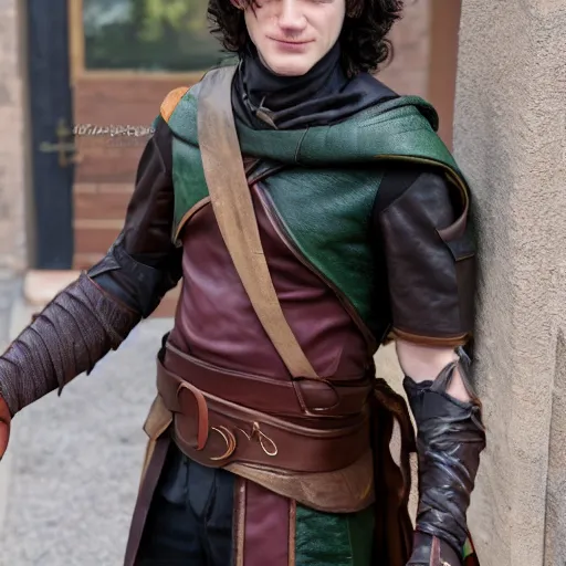 Image similar to DC's character Robin leather costume as Frodo, dslr photo
