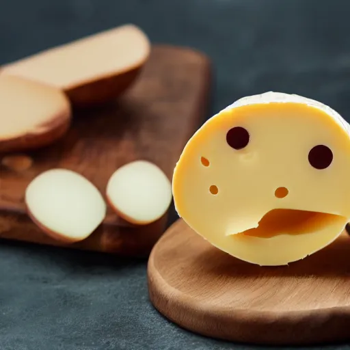 Prompt: round aged cheese with eyes