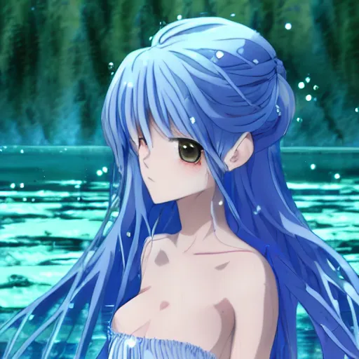 Prompt: a very beautiful anime girl wearing a dress made of water standing in a crystal lake in a futuristic emerald city, full body, long white hair with azure blue highlights blending into the dress , azure blue watery eyes, full round face, seductive over the shoulder glances , lens flare, cinematic lighting, medium shot, mid-shot, reflective surfaces, water droplets, caustic lighting , highly realistically detailed, trending on artstation, Unreal Engine 4k, Stanley Artgerm Lau, WLOP, Rossdraws, James Jean, Andrei Riabovitchev, Marc Simonetti, and Sakimichan