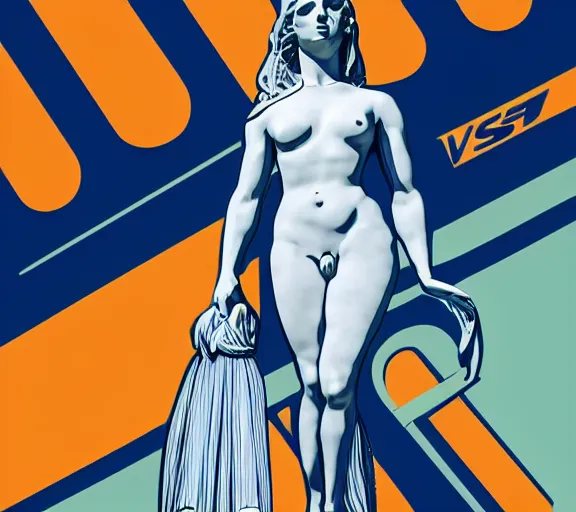 Image similar to beautiful stylish character concept art of the venus de milo in the style of virgil abloh with nascar colors and corporate logos