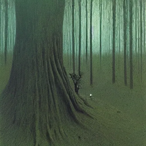 Prompt: “ tall figure in the woods, beksinski, dark ”