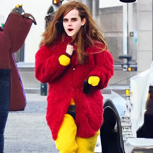 Image similar to Emma Watson wearing Furby with ketchup