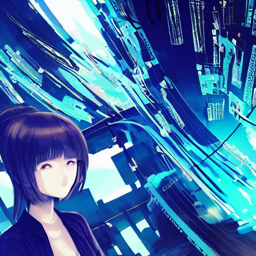 Image similar to Frequency indie album cover, luxury advertisement, blue filter, blue and black colors. Clean and detailed post-cyberpunk sci-fi close-up schoolgirl in asian city in style of cytus and deemo, blue flame, mysterious vibes, by Tsutomu Nihei, by Yoshitoshi ABe, by Ilya Kuvshinov, by Greg Tocchini, nier:automata, set in half-life 2, GITS, Blade Runner, Neotokyo Source, Syndicate(2012), beautiful with eerie vibes, very inspirational, very stylish, with gradients, surrealistic, dystopia, postapocalyptic vibes, depth of field, mist, rich cinematic atmosphere, perfect digital art, mystical journey in strange world, beautiful dramatic dark moody tones and studio lighting, shadows, bastion game, arthouse