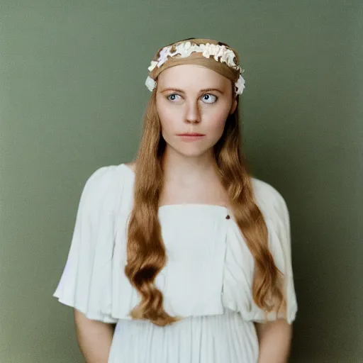 Image similar to a photograph of beautiful nordic woman wearing a white folkdrakt dress, she has a summer flower headband. against a teal studio backdrop. close - up. strong kodak portra 4 0 0 film look. film grain.