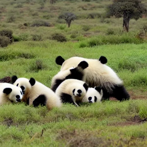 Image similar to a herd of hundreds of panda bears in the african savannah.